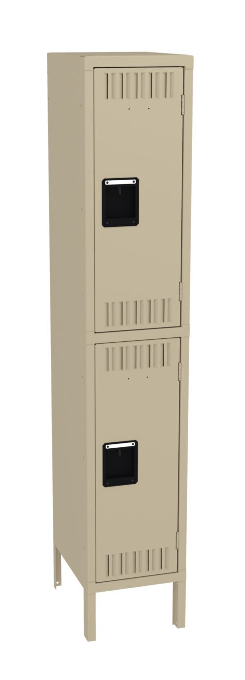 A beige metal locker with two compartments, each featuring a black rectangular handle. The locker is standing on four legs, with ventilation slots on the doors and a plain background.