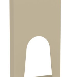 A beige, freestanding metal card or sign holder with a cut-out arch at the bottom. The design is minimalistic and modern, suitable for holding papers or signs upright.