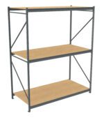 Metal storage shelf with three wooden shelves. The frame is gray, with vertical and diagonal supports on the sides and back. The shelves are evenly spaced and set against a white background.