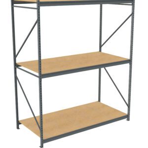 Metal storage shelf with three wooden shelves. The frame is gray, with vertical and diagonal supports on the sides and back. The shelves are evenly spaced and set against a white background.