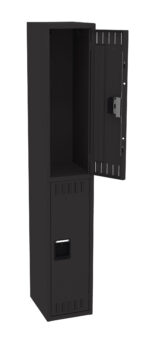 Tall black metal locker with two compartments. The top compartment is open, showing its interior, while the bottom compartment remains closed. Both have vented doors and rectangular handles.