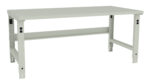 A plain, light gray workbench with a rectangular top and sturdy legs. The design is minimalistic and industrial, with adjustable height features visible on the legs. The surface appears smooth and suitable for various tasks.