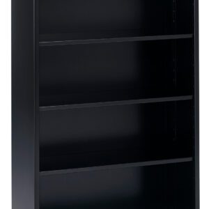 A black, four-shelf metal bookshelf is shown against a white background. Each shelf is adjustable, and the design is simple and modern, suitable for home or office use.