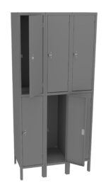 A gray metal locker unit with six compartments, arranged in two rows of three. Several doors are open, revealing empty interiors. The locker stands on short legs, with a clean and simple design.