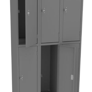 A gray metal locker unit with six compartments, arranged in two rows of three. Several doors are open, revealing empty interiors. The locker stands on short legs, with a clean and simple design.