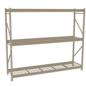 A beige metal shelving unit with three mesh shelves. It has a simple, industrial design with vertical support beams and horizontal shelves, suitable for storage or organizational purposes. The background is plain white.