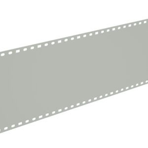 A long strip of blank film, featuring perforated holes along the top and bottom edges. The film strip is set against a plain white background, appearing in a slightly angled perspective, stretching from left to right.