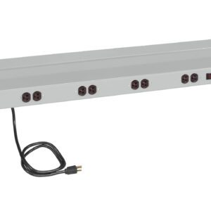 A gray metal power strip with multiple black outlets and a black power cord on the left end. It features a switch on the right side and is designed to mount on a surface. The device has a simple, industrial design.