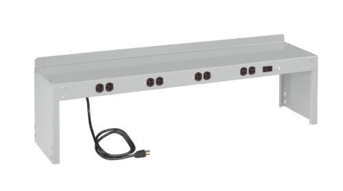 hqgfulmjt1o371ggi3bv.jpg A gray metal power strip with multiple black outlets and a black power cord on the left end. It features a switch on the right side and is designed to mount on a surface. The device has a simple, industrial design.
