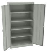 A gray metal storage cabinet with two open doors revealing four empty shelves. The cabinet has a simple, industrial design and is shown against a white background.