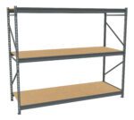 Industrial metal shelving unit with three wooden shelves, featuring a sturdy gray metal frame. The shelving is empty, highlighting its spacious and utilitarian design. Ideal for storage in garages or warehouses.