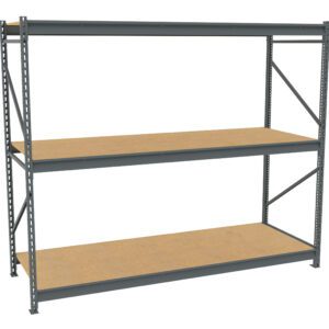 Industrial metal shelving unit with three wooden shelves, featuring a sturdy gray metal frame. The shelving is empty, highlighting its spacious and utilitarian design. Ideal for storage in garages or warehouses.