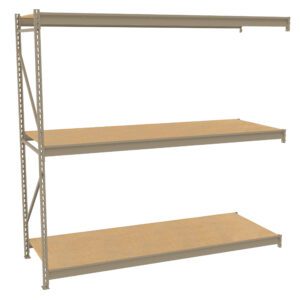 Industrial metal shelving unit with three wooden shelves. The structure is beige with a simple, sturdy design suitable for storage in garages or warehouses. The unit is empty and isolated on a white background.