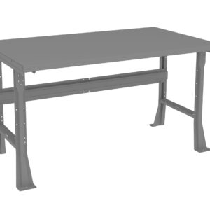 A gray, industrial-style rectangular metal workbench with a flat tabletop and sturdy angled legs. The workbench appears to be designed for heavy-duty tasks in a workshop or garage setting.