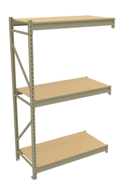 ht3nzszftuc84szabwrr.jpg A metal shelving unit with three beige shelves and a silver frame. The structure includes diagonal support bars on one side and vertical supports with adjustable holes for shelf placement. The shelves are evenly spaced.