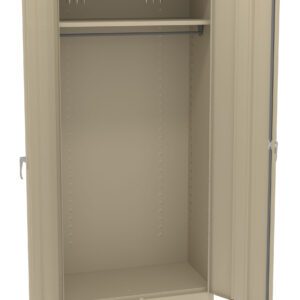A beige metal storage cabinet with open double doors. Inside, there is a long horizontal shelf at the top and an empty space below, indicating its use for storing large items or hanging clothes. The cabinet has a simple, industrial design.