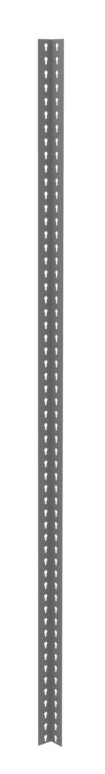 A tall, narrow, dark gray metal strip with rows of small, evenly spaced, triangular cutouts running vertically along its length. The cutouts are arranged in two parallel lines. The background is white.