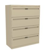 Beige four-drawer metal filing cabinet with horizontal handles and a lock on the top drawer, standing against a plain white background.
