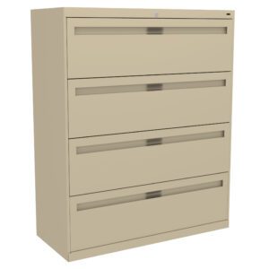 Beige four-drawer metal filing cabinet with horizontal handles and a lock on the top drawer, standing against a plain white background.