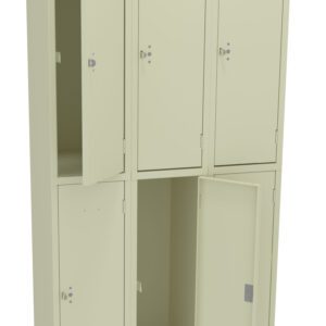 A beige metal locker unit with six compartments, three on top and three on the bottom. Some doors are open, revealing empty interior spaces. The locker has a simple, industrial design.