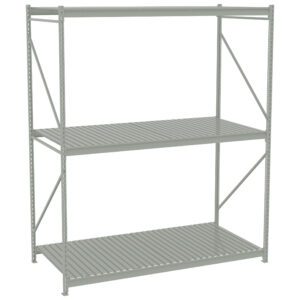 A metal shelf unit with three levels, featuring a simple, open design. The shelves are evenly spaced and supported by vertical and diagonal bars for stability. The unit is light gray in color and stands on four sturdy legs.