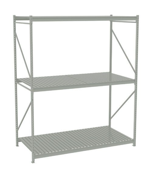 A metal shelf unit with three levels, featuring a simple, open design. The shelves are evenly spaced and supported by vertical and diagonal bars for stability. The unit is light gray in color and stands on four sturdy legs.