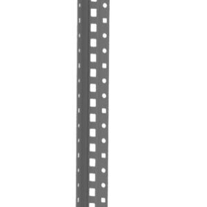 A vertical metal piece with evenly spaced square perforations running along its length, resembling a slotted channel or rail, is displayed against a white background.