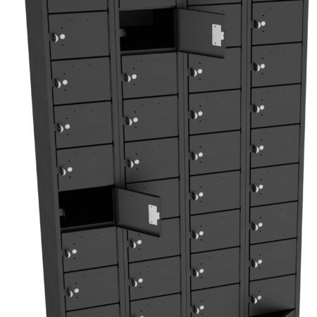 A tall, black locker unit with multiple small compartments isda arranged in five columns. Several compartments are open, revealing their interior. Each compartment has a lock and a small handle.