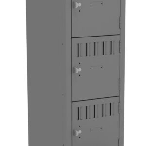 A tall, gray metal locker with four compartments stacked vertically. The bottom compartment door is open, revealing an empty interior. Each compartment has a vented design and a round lock mechanism.