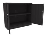 A black metal storage cabinet with one door open, revealing two shelves inside. The cabinet has a minimalist design with a handle on each door.