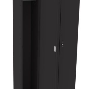 A black metal locker with three compartments is shown. The middle door is slightly open, revealing a hanging rod inside. The locker has a simple, industrial design.