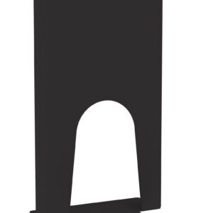 Silhouette of a black, tall, rectangular object with a wide, curved opening near the bottom, resembling a modern sculpture or abstract art piece.