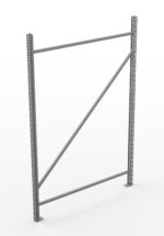A grey metal shelving frame with vertical supports, cross-bracing, and perforated holes for adjustable shelving is standing upright against a white background.