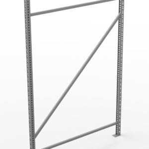 A grey metal shelving frame with vertical supports, cross-bracing, and perforated holes for adjustable shelving is standing upright against a white background.