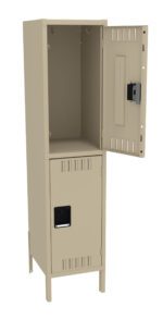 A beige metal locker with two compartments. The top door is open, showing an empty interior with a hook. The bottom door is closed, featuring a ventilation grate and a handle. The locker stands on four legs.