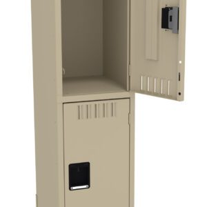 A beige metal locker with two compartments. The top door is open, showing an empty interior with a hook. The bottom door is closed, featuring a ventilation grate and a handle. The locker stands on four legs.