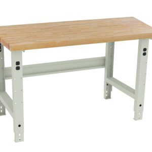A sturdy workbench with a wooden top and light gray metal legs. The bench is designed for industrial or garage use, featuring adjustable legs and a reinforced support bar underneath.