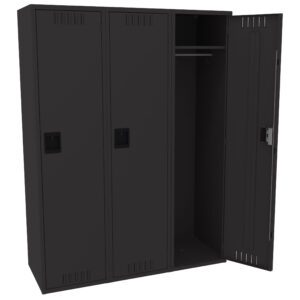 A black, three-door locker set is shown, with the rightmost locker door open, revealing a metal rod and a shelf inside. The two left doors are closed, and each door has a handle and ventilation slits at the top and bottom.