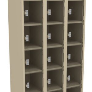 A beige metal locker unit with three columns and five rows, making a total of 15 individual compartments. Each compartment has a latch for securing with a lock.