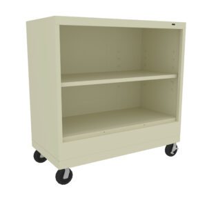 A beige, mobile metal storage unit with two shelves and four black wheels. The shelves have adjustable slots, and the unit has a simple, rectangular design.