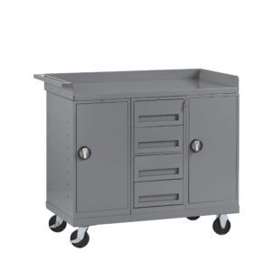 A gray metal tool cart on wheels with two side cabinets and four central drawers. It has a flat top surface and a handle on the left side for pushing or pulling.