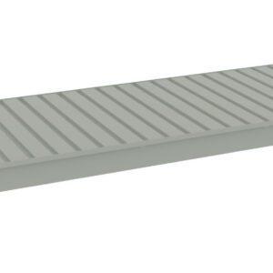 A gray metal shelf panel with a slatted design, viewed from a slight angle. The panel has a rectangular shape and is likely used as a part of a shelving unit.