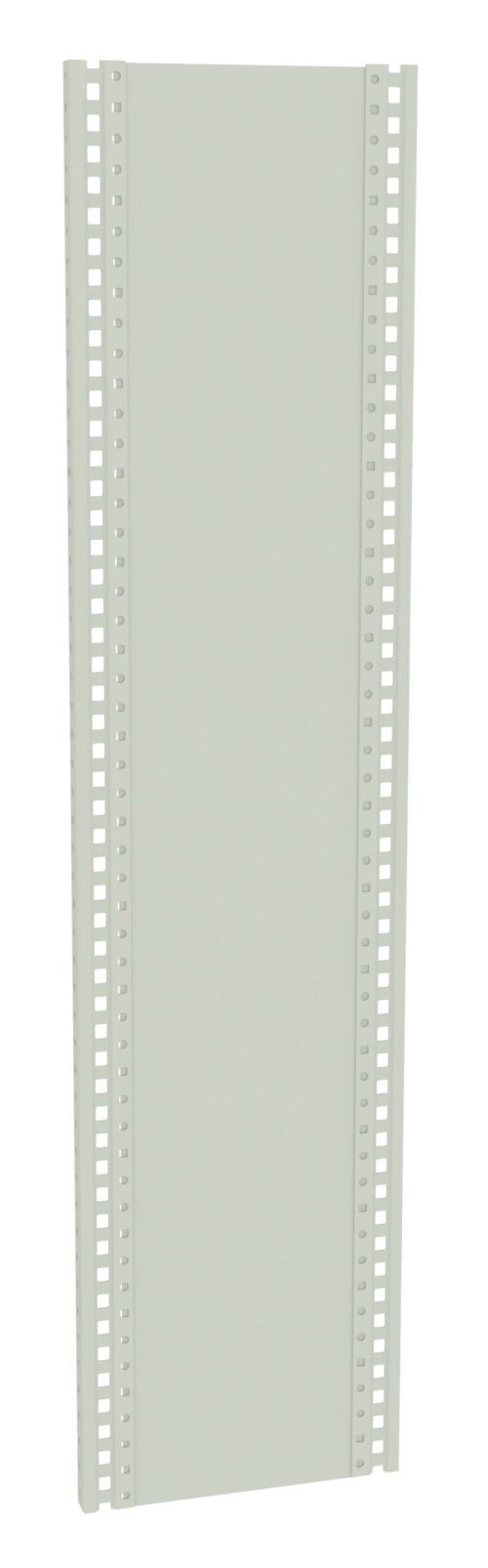 A tall, narrow metal panel with a pale green finish, featuring a series of evenly spaced small holes along both vertical edges.