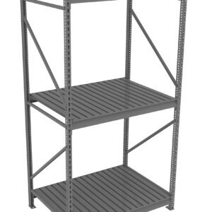 A gray metal shelving unit with three adjustable shelves and a sturdy frame. The design features horizontal slats and vertical support beams, suitable for storage in industrial or garage settings. The unit is empty against a white background.