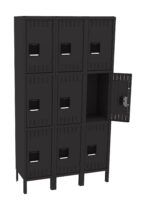 A black, metal storage locker unit with nine compartments arranged in a 3x3 grid. The middle locker on the right is open, revealing an empty interior. The lockers have rectangular handles and vents.
