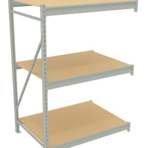 A metal storage rack with three beige wooden shelves. The rack is empty and set against a white background. The structure includes vertical supports with adjustable brackets for shelf height.