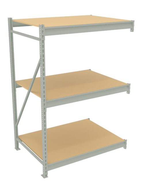 A metal storage rack with three beige wooden shelves. The rack is empty and set against a white background. The structure includes vertical supports with adjustable brackets for shelf height.