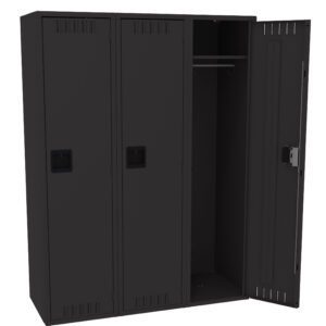 A three-door metal locker with the right door open, revealing a hanging rod inside. The locker is dark-colored and has ventilation slits on each door. Theres a lock mechanism on the open door.