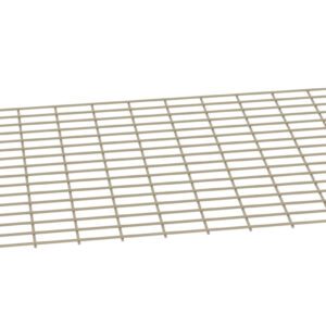 A large, rectangular metal grid on a white background. The grid is composed of evenly spaced horizontal and vertical bars, creating a series of square openings. The color of the metal appears to be light gray or beige.