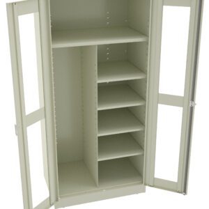 Open beige metal cabinet with transparent glass doors. Inside, it has one large compartment with a single shelf on the left and multiple smaller shelves arranged vertically on the right.